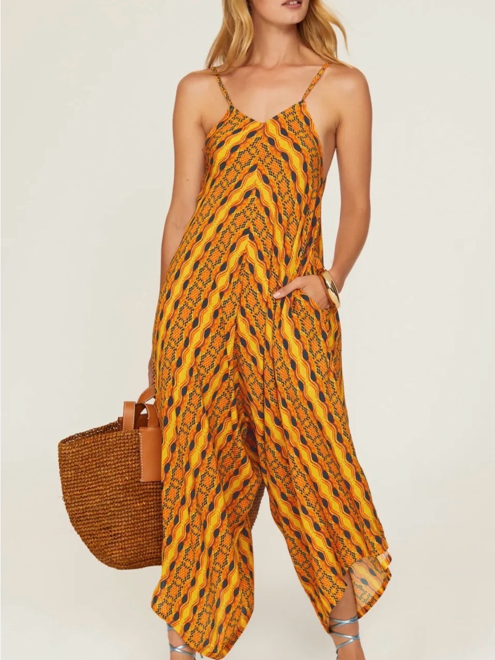 KAHINDO Kano African Tribal Printed Yellow Orange Wide-Leg Jumpsuit EUC SMALL
